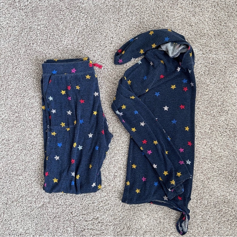 Lands' End Navy Blue Star Print Hoodie Lounge Set Girls size 10/12 large